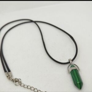 Healing Crystal Point Malachite Necklace Silver tone Leather 22" Cord